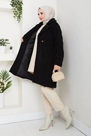 Kadın Kürk Kumaş Astarlı Düğmeli Siyah Kaban