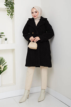 Kadın Kürk Kumaş Astarlı Düğmeli Siyah Kaban