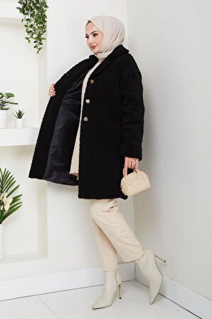 Kadın Kürk Kumaş Astarlı Düğmeli Siyah Cepli Kaban