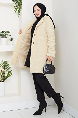 Kadın Kürk Kumaş Astarlı Düğmeli Bej Cepli Kaban