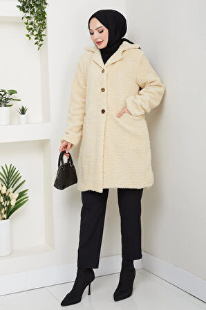Kadın Kürk Kumaş Astarlı Düğmeli Bej Cepli Kaban