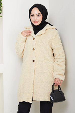 Kadın Kürk Kumaş Astarlı Düğmeli Bej Cepli Kaban