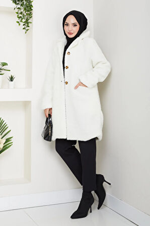 Kadın Kürk Kumaş Astarlı Düğmeli Beyaz Cepli Kaban
