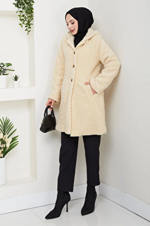 Kadın Kürk Kumaş Astarlı Düğmeli Kapüşonlu Bej Kaban