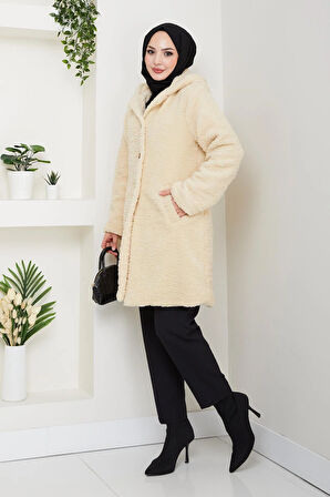 Kadın Kürk Kumaş Astarlı Düğmeli Kapüşonlu Bej Kaban