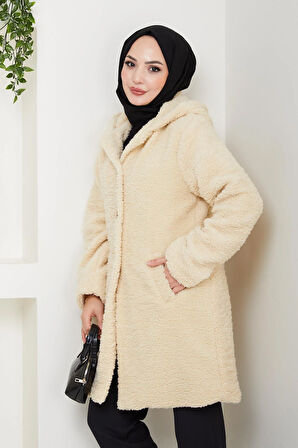 Kadın Kürk Kumaş Astarlı Düğmeli Kapüşonlu Bej Kaban
