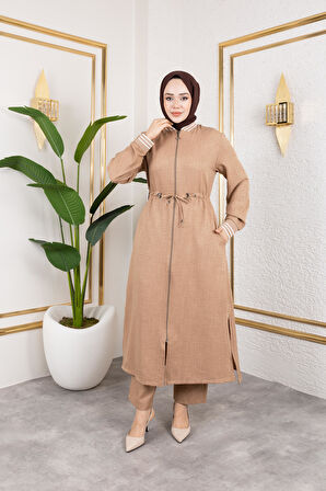 Kadın Ribanalı Fermuarlı Bej Keten İkili Takım 