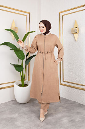 Kadın Ribanalı Fermuarlı Bej Keten İkili Takım 