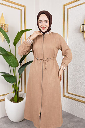 Kadın Ribanalı Fermuarlı Bej Keten İkili Takım 