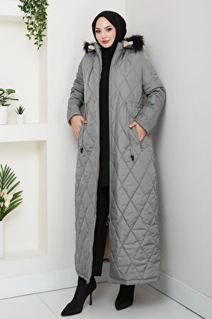 Kadın Uzun İçi Kürklü Kapişonlu Gri Kapitone Mont