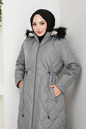 Kadın Uzun İçi Kürklü Kapişonlu Gri Kapitone Mont