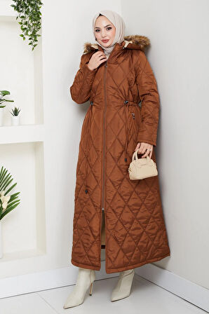 Kadın Uzun İçi Kürklü Kapişonlu Turuncu Kapitone Mont