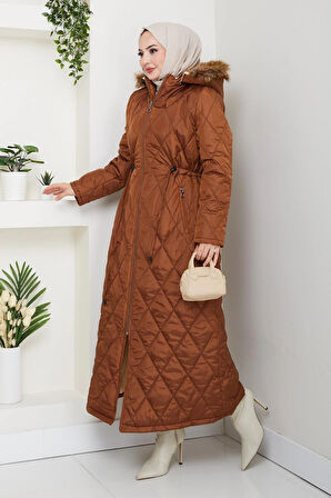 Kadın Uzun İçi Kürklü Kapişonlu Turuncu Kapitone Mont