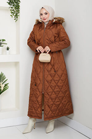 Kadın Uzun İçi Kürklü Kapişonlu Turuncu Kapitone Mont