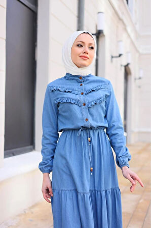 Kadın Fır Fırlı Denim Kot Elbise