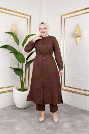 Kadın Ribanalı Fermuarlı Kahverengi Keten İkili Takım 