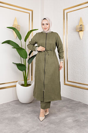 Kadın Ribanalı Fermuarlı Haki Keten İkili Takım 