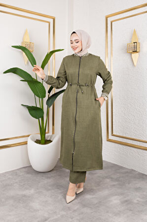 Kadın Ribanalı Fermuarlı Haki Keten İkili Takım 