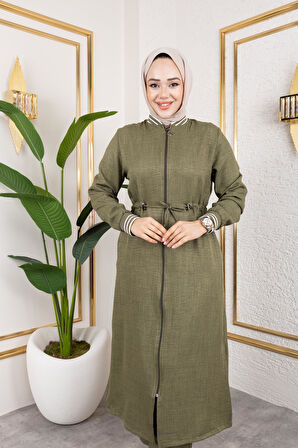 Kadın Ribanalı Fermuarlı Haki Keten İkili Takım 