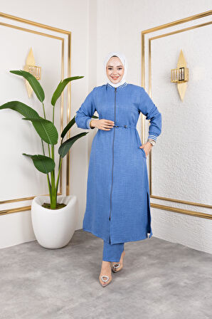 Kadın Ribanalı Fermuarlı Mavi Keten İkili Takım 