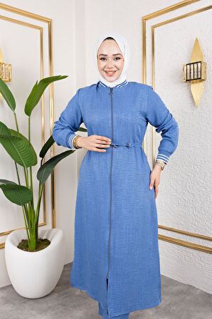 Kadın Ribanalı Fermuarlı Mavi Keten İkili Takım 