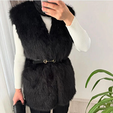 Kadın Astarlı Kemerli Rahat Kalıp Kürk Siyah Yelek