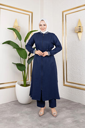 Kadın Ribanalı Fermuarlı Lacivert Keten İkili Takım 