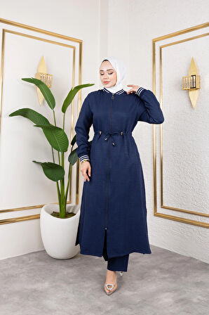 Kadın Ribanalı Fermuarlı Lacivert Keten İkili Takım 