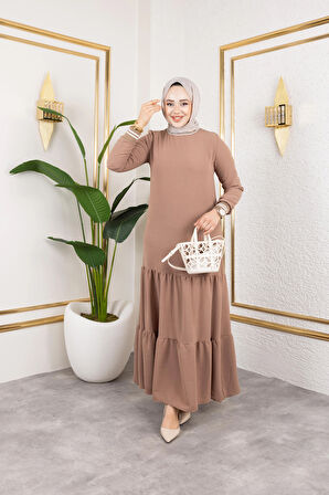 Kadın Kat Kat Ribanalı Bej Tesettür Elbise