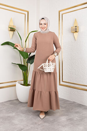 Kadın Kat Kat Ribanalı Bej Tesettür Elbise