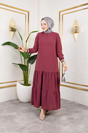 Kadın Kat Kat Ribanalı Pembe Tesettür Elbise