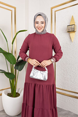 Kadın Kat Kat Ribanalı Pembe Tesettür Elbise