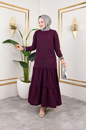 Kadın Kat Kat Ribanalı Mor Tesettür Elbise