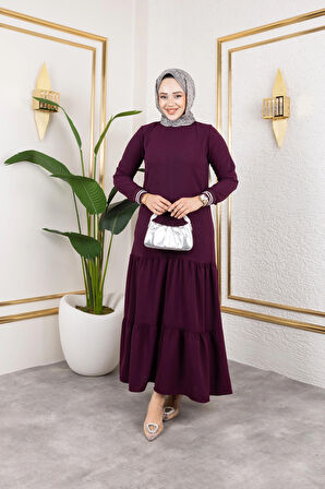 Kadın Kat Kat Ribanalı Mor Tesettür Elbise