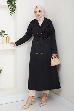 Kadın Düğmeli Kuşaklı Siyah Trençkot