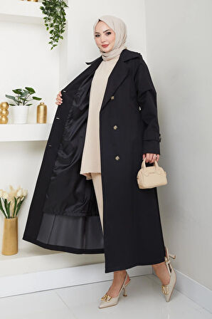 Kadın Düğmeli Kuşaklı Siyah Trençkot