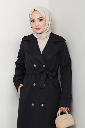 Kadın Düğmeli Kuşaklı Siyah Trençkot