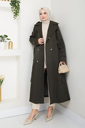 Kadın Düğmeli Kuşaklı Haki Trençkot