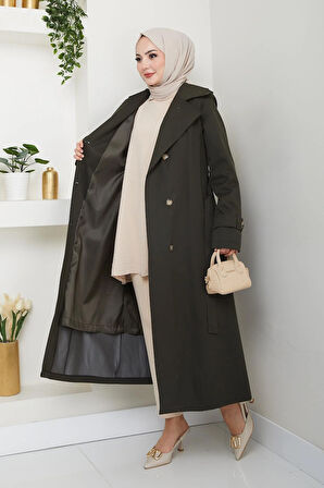 Kadın Düğmeli Kuşaklı Haki Trençkot