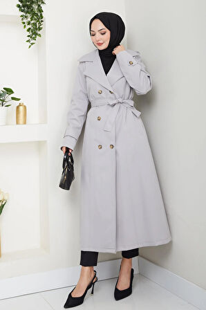 Kadın Düğmeli Kuşaklı Gri Trençkot