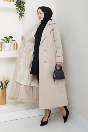 Kadın Düğmeli Kuşaklı Bej Trençkot