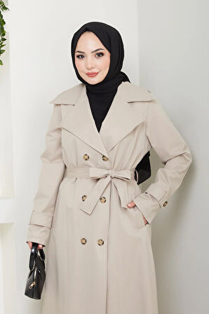 Kadın Düğmeli Kuşaklı Bej Trençkot
