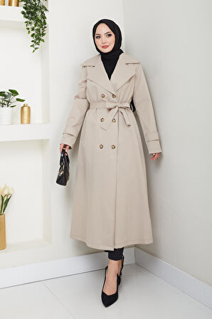 Kadın Düğmeli Kuşaklı Bej Trençkot