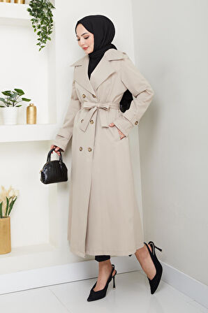 Kadın Düğmeli Kuşaklı Bej Trençkot