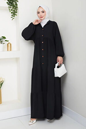 Kadın Düğmeli Siyah Ayrobin Elbise