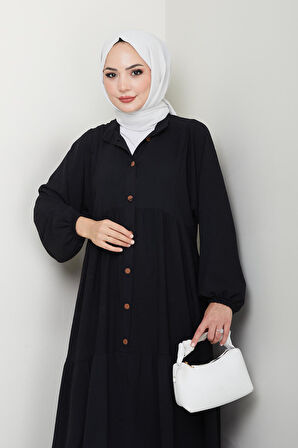 Kadın Düğmeli Siyah Ayrobin Elbise