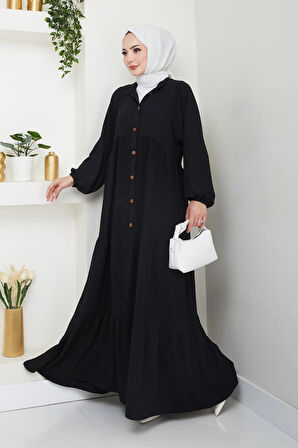 Kadın Düğmeli Siyah Ayrobin Elbise