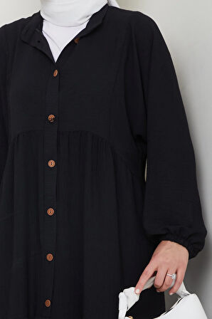 Kadın Düğmeli Siyah Ayrobin Elbise