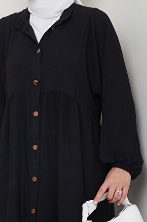 Kadın Düğmeli Siyah Ayrobin Elbise
