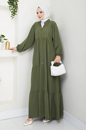 Kadın Düğmeli Haki Ayrobin Elbise